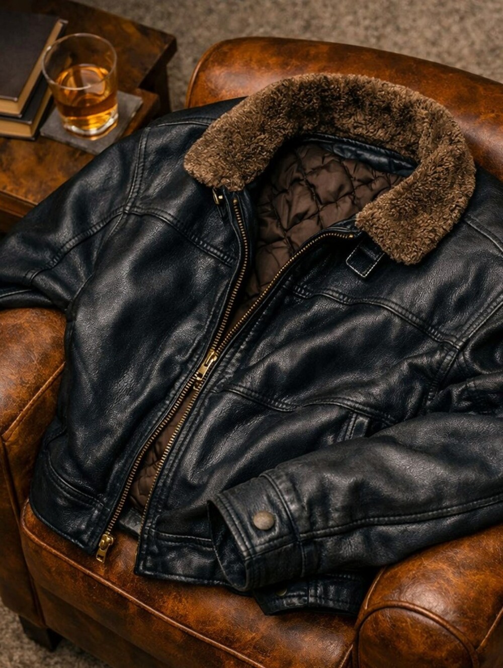 Andrew Marc Men’s Leather Jacket L — Black Fur Collar, Quilted Lining, Premium